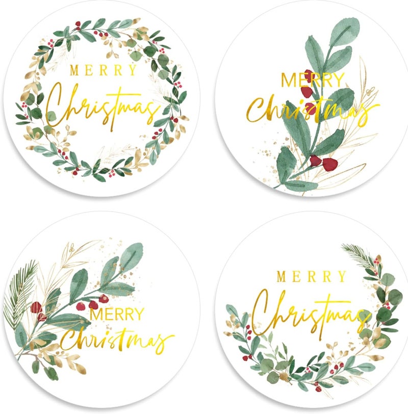 Whaline 1000Pcs Merry Christmas Gold Foil Stickers Roll Holly Berry Watercolor Seal Stickers Xmas Greenery Self-Adhesive Decals for Envelope Journal Party Decor, 4 Designs - Image 1
